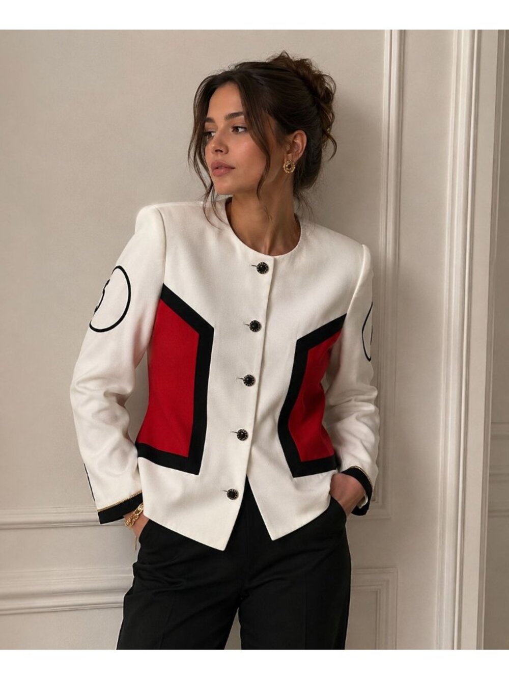 Vintage Pierre Balmain 80s Colorblock Bold Geometric Blazer White Red Size 12